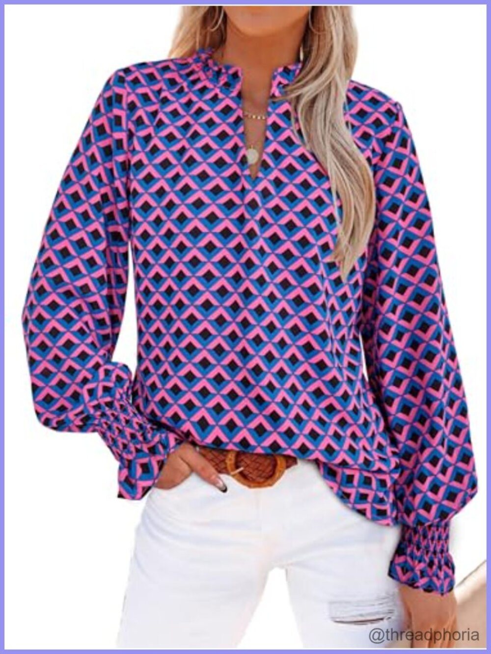 Boho Floral Chiffon Blouse Long Sleeve V-Neck Puff Sleeve Top